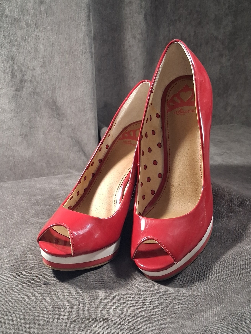 Fergalicious by Fergie Red + White Peep-toe Platform Wedge Pumps VG- US 8